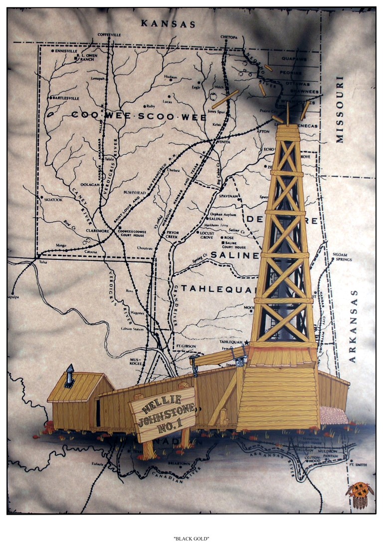 The news of oil in commercial quantities at Bartlesville, Indian Territory, in the    Cherokee Nation just east of the Osage Nation, prompted the Santa Fe Railway to lay track to town site. Wildcatters, lease hounds and roustabouts hopped trains to Bartlesville and the boom was on!